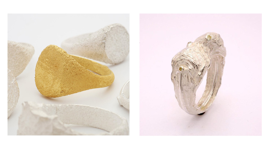 Klackring i guld av Kim Buck. Silverring av Honxia Wang.